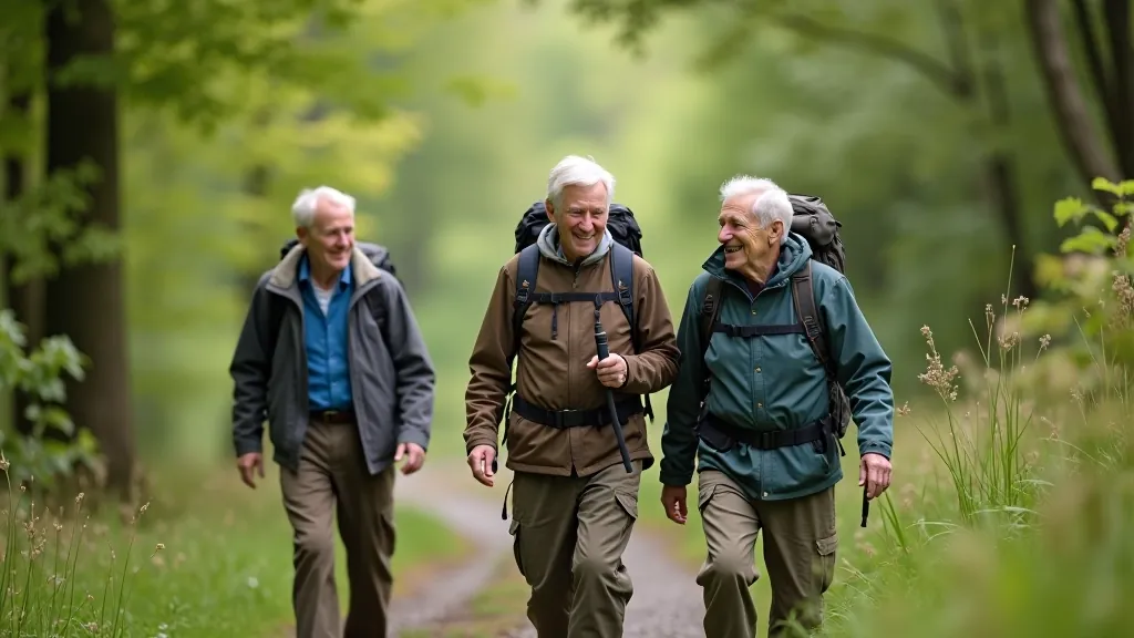 Group of older adults hiking on a forest trail