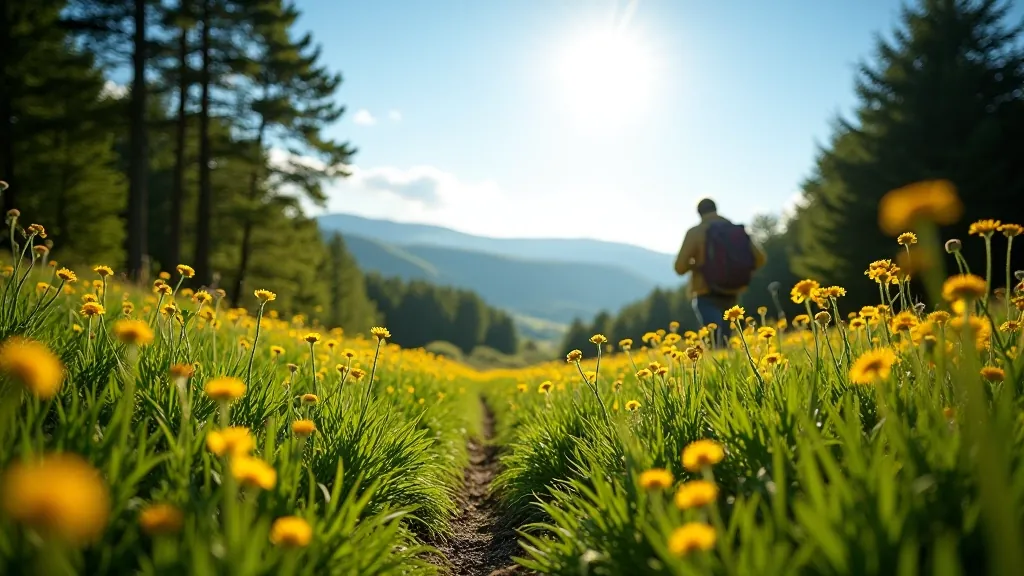 Open forest clearing with wildflowers and distant mountain view, blue sky visible through canopy