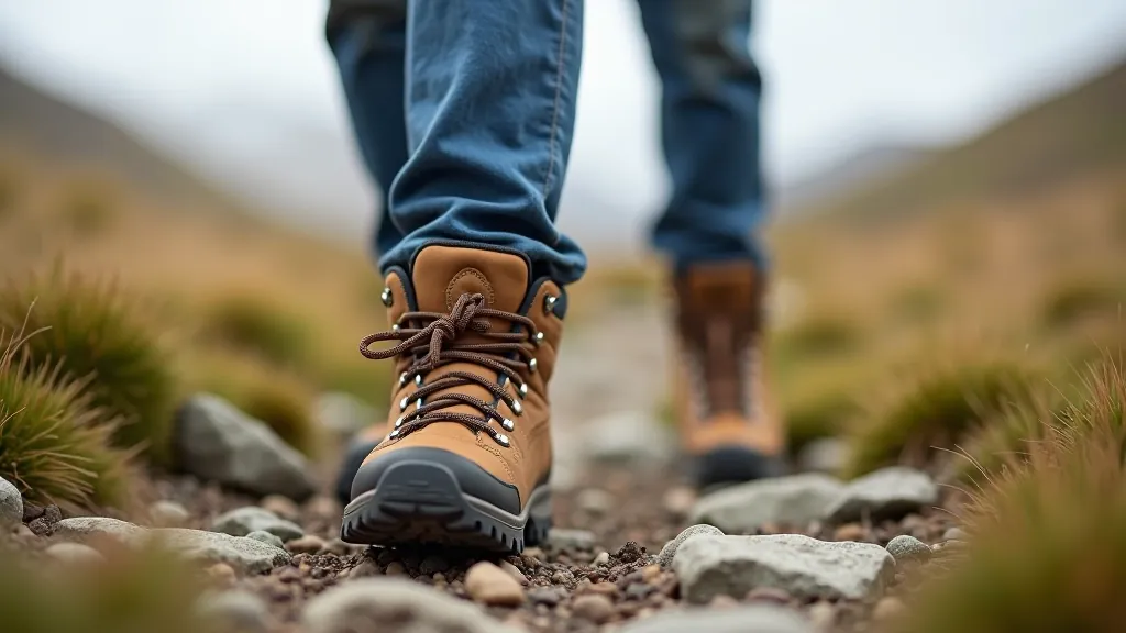 Close-up of hiking boots on rocky trail with proper ankle support and waterproof design