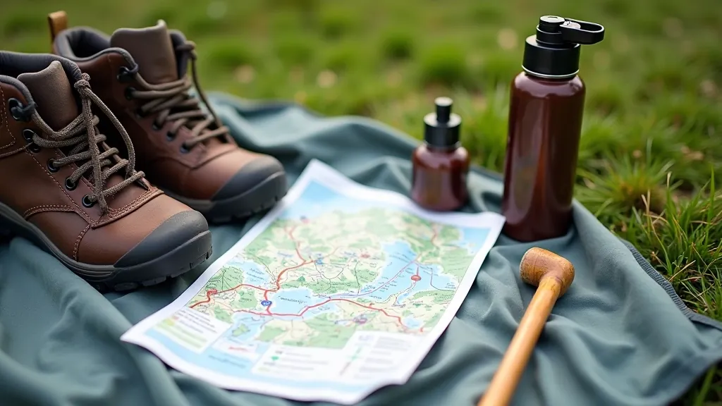 Hands holding a laminated trail map with hiking boots and walking stick on a picnic blanket