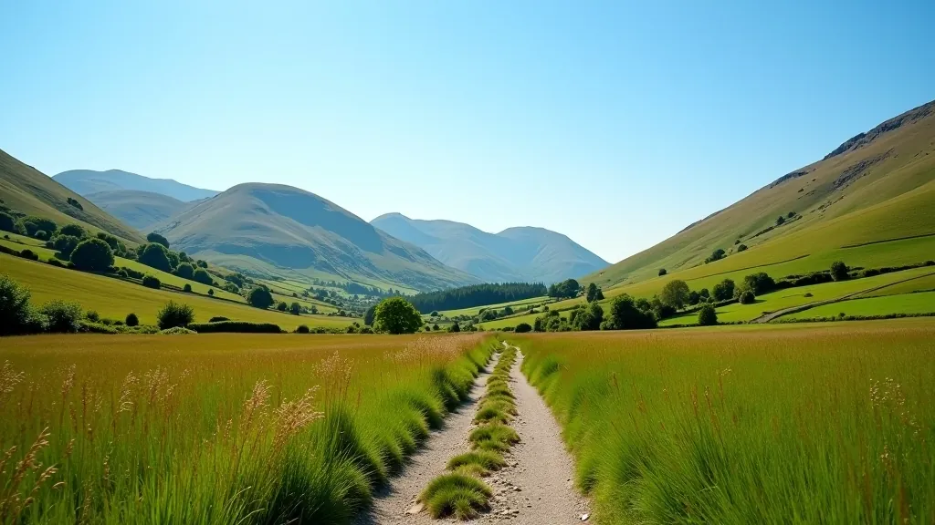 Marked hiking trail winding through green valley with Wicklow mountains visible in distance