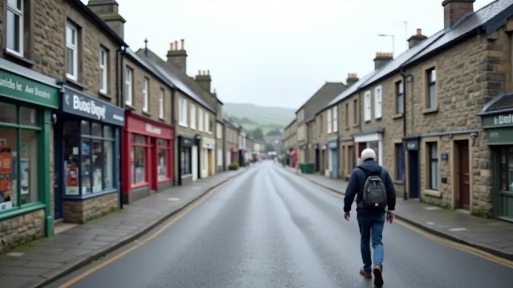 Roundwood village crossroads with traditional Irish buildings, shop fronts, and wide street view on an overcast day