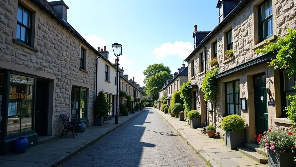 Traditional Irish village street with colorful buildings, local shops, and outdoor seating