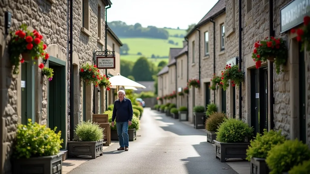 Roundwood village street with stone buildings, small cafes, and quiet lanes, traditional Irish village atmosphere