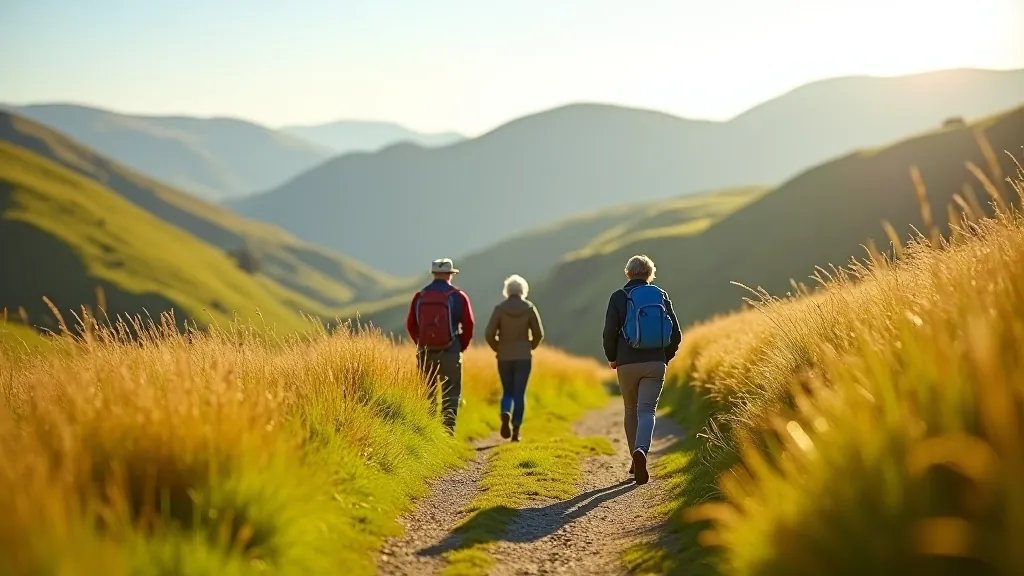 Retirees walking together on a gentle Wicklow trail with beautiful mountain scenery
