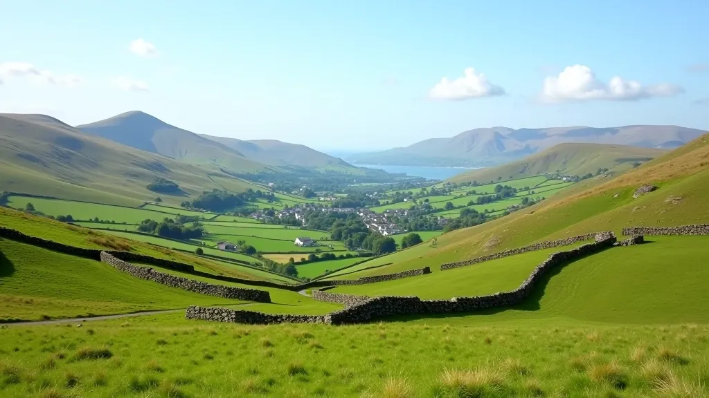 Wicklow Valley vista with green fields, stone walls, and distant mountains under blue sky