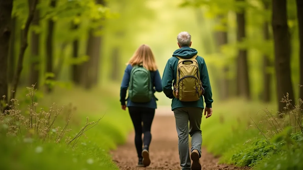 Retirees walking together on forest trail with walking sticks and comfortable hiking boots