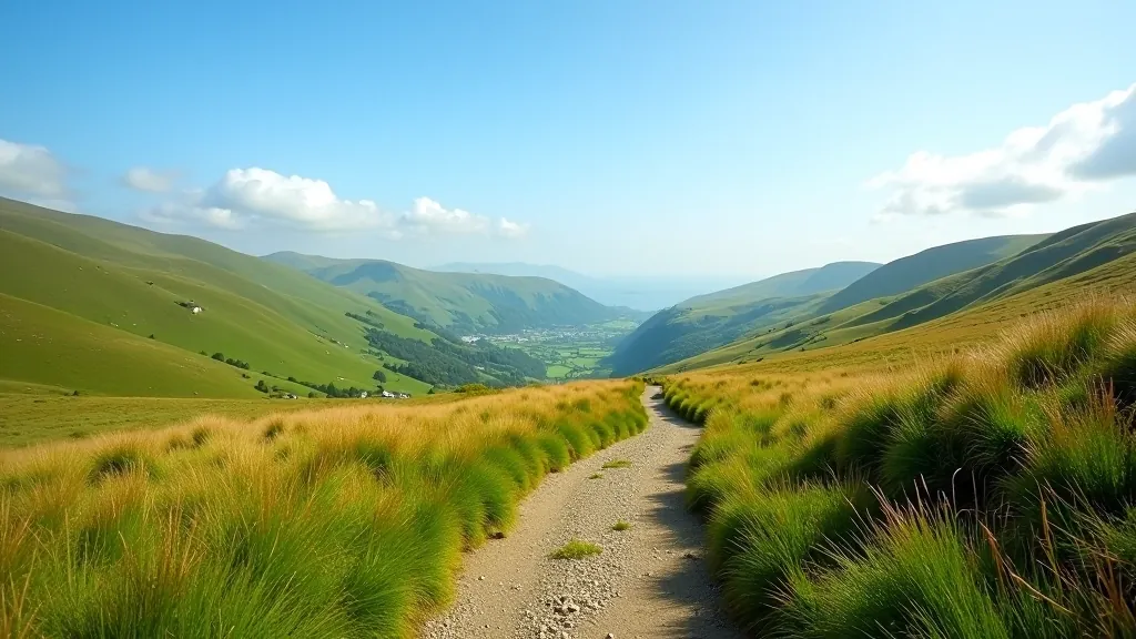 Scenic Wicklow mountain trail with green rolling hills and clear blue sky